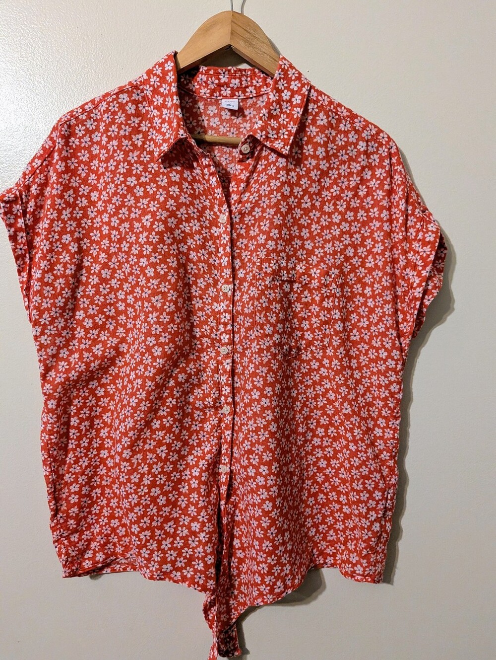 Old Navy Red White Floral Ditsy Linen Blend Short Sleeve Shirt Button Down Large